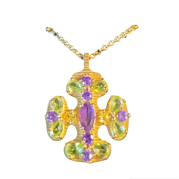 Gold Plated Multi Stone Cross Pendant Necklace 925 Sterling 10" Chain - Picture 1 of 3